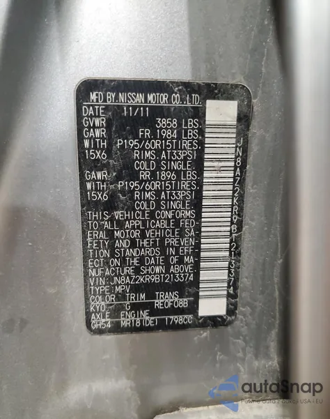 2011 Nissan Cube Base z USA, uszkodzony, nr VIN JN8AZ2KR9BT213374